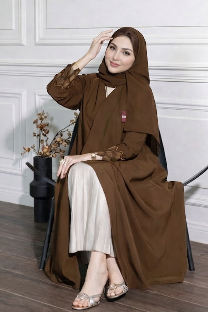 Noura Embroidered Cuffs Open Abaya with Hijab-Brown