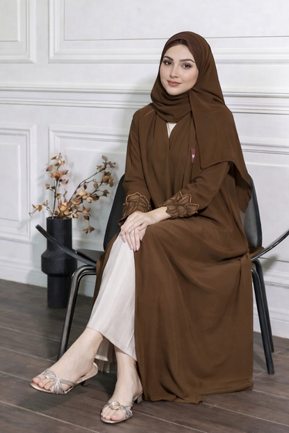 Noura Embroidered Cuffs Open Abaya with Hijab-Brown