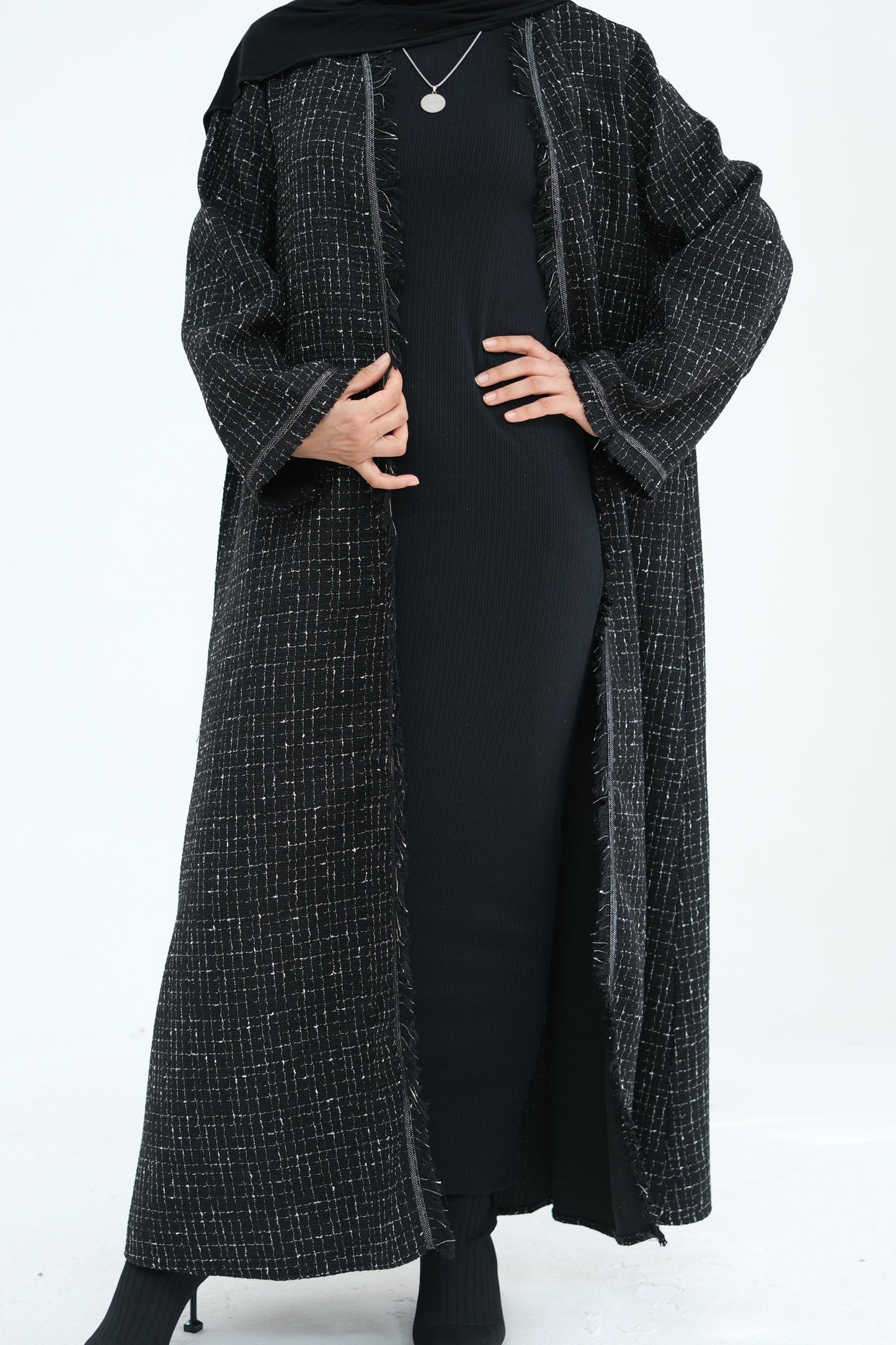 Lina Chanel Tweed Open Abaya 908 - Black