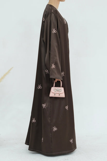 Aara Elegant Bowknot Embroidery Satin Open Abaya 798 - Coffee