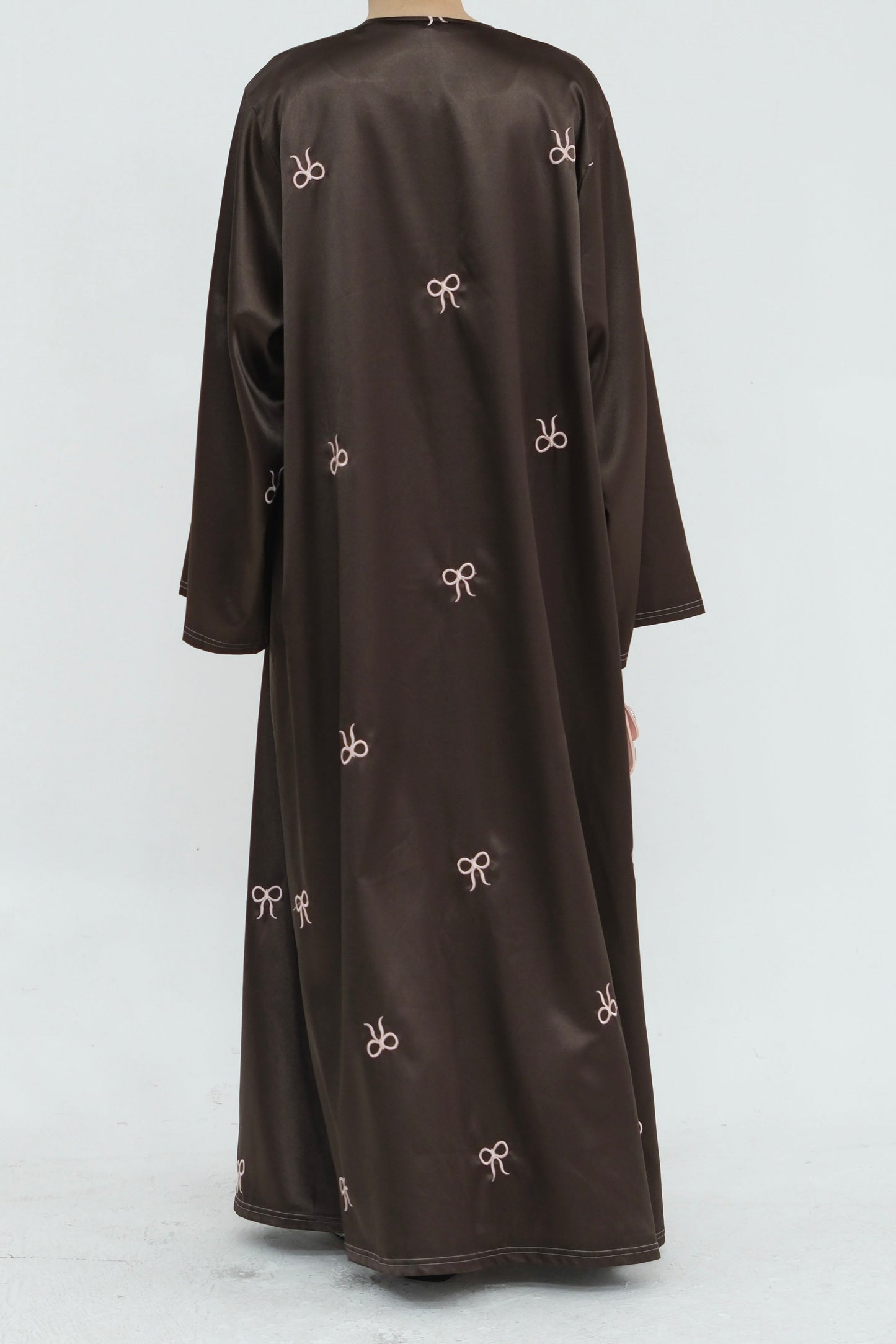 Aara Elegant Bowknot Embroidery Satin Open Abaya 798 - Coffee