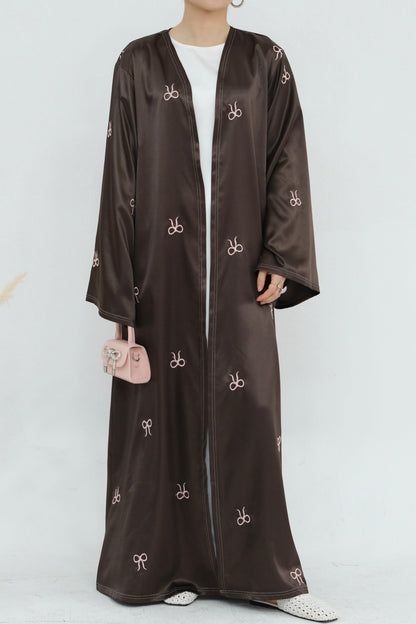 Aara Elegant Bowknot Embroidery Satin Open Abaya 798 - Coffee