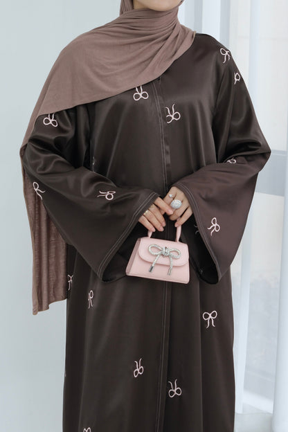 Aara Elegant Bowknot Embroidery Satin Open Abaya 798 - Coffee