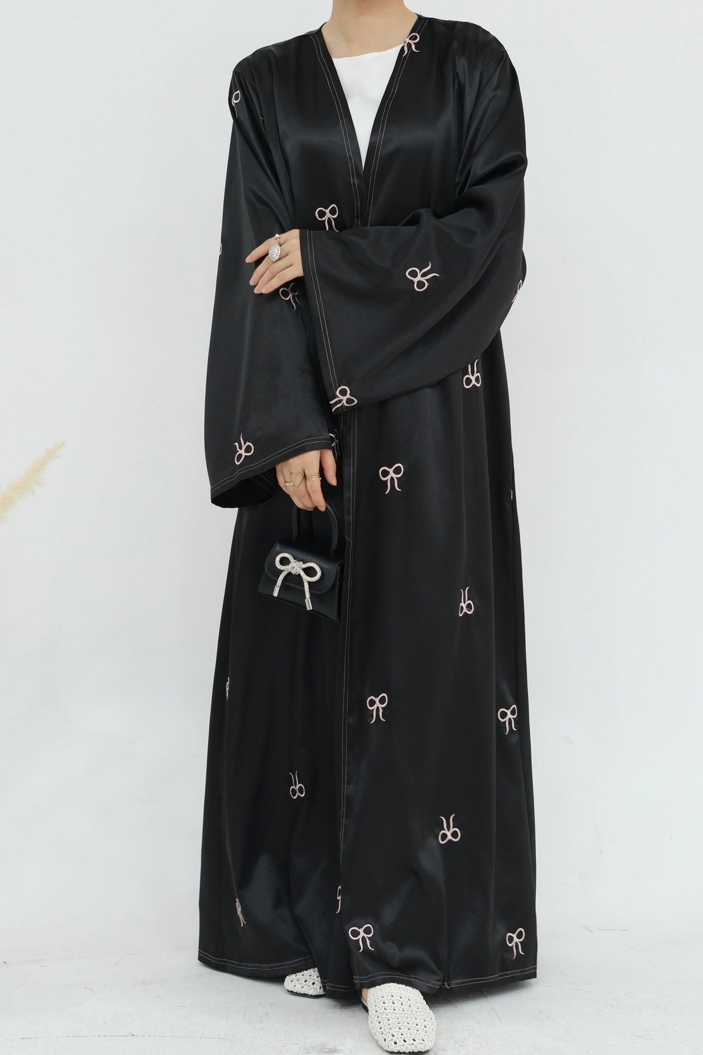 Aara Elegant Bowknot Embroidery Satin Open Abaya 798 - Black