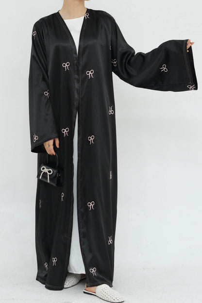 Aara Elegant Bowknot Embroidery Satin Open Abaya 798 - Black