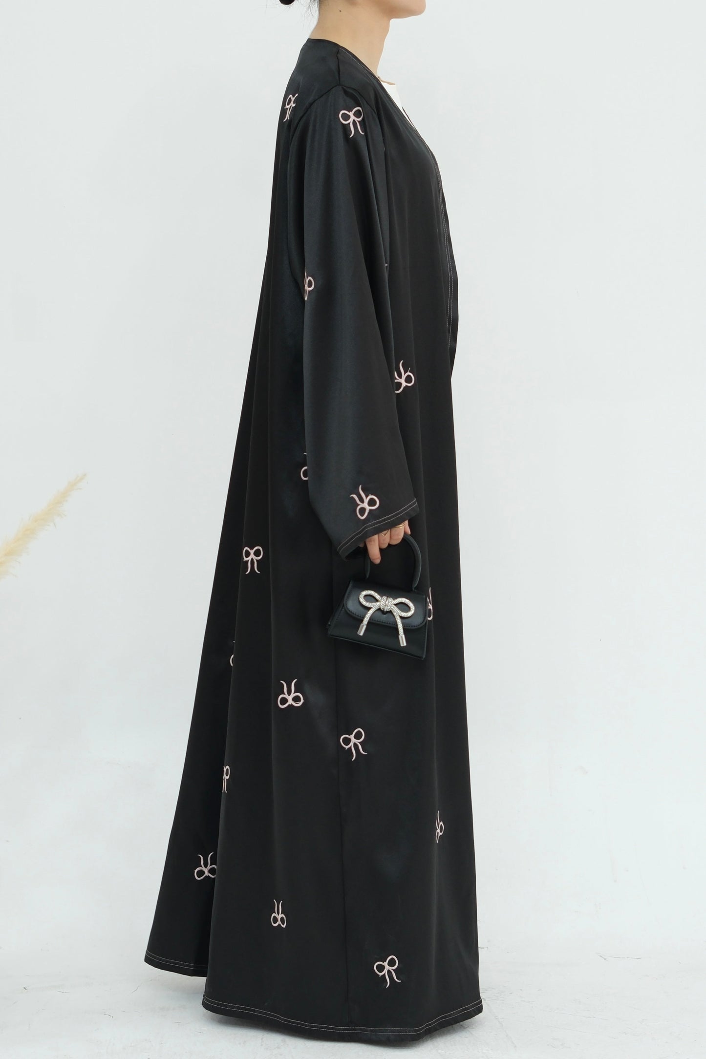 Aara Elegant Bowknot Embroidery Satin Open Abaya 798 - Black