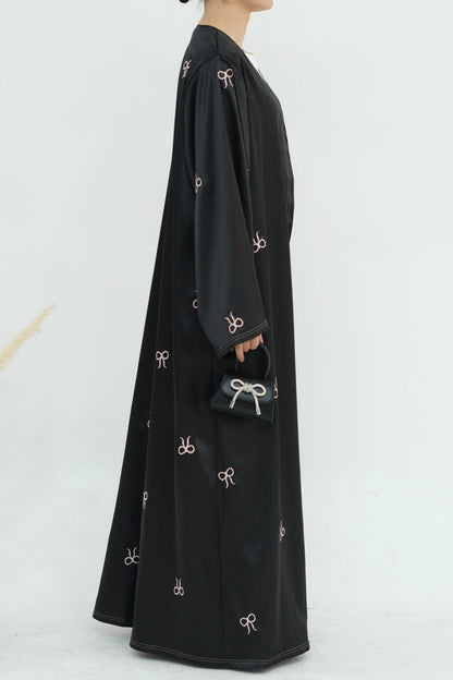 Aara Elegant Bowknot Embroidery Satin Open Abaya 798 - Black