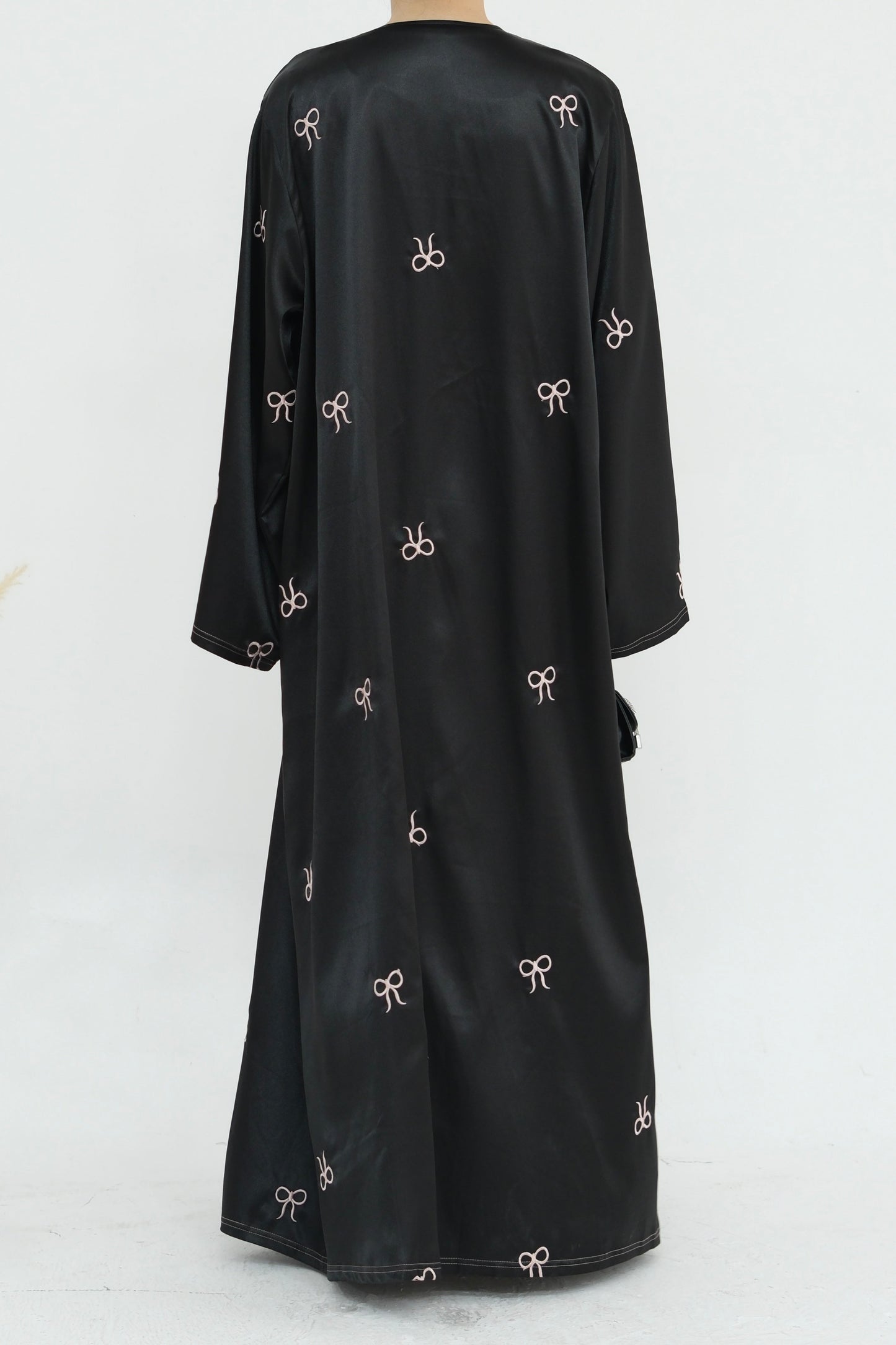 Aara Elegant Bowknot Embroidery Satin Open Abaya 798 - Black