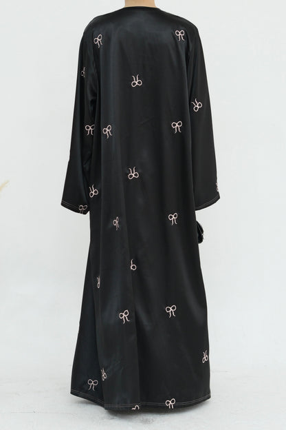 Aara Elegant Bowknot Embroidery Satin Open Abaya 798 - Black
