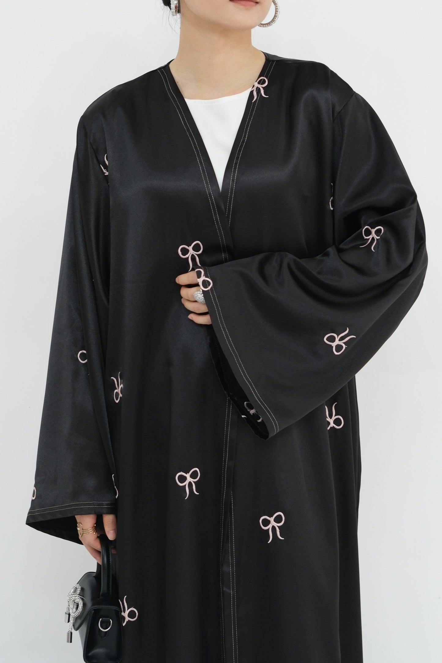 Aara Elegant Bowknot Embroidery Satin Open Abaya 798 - Black