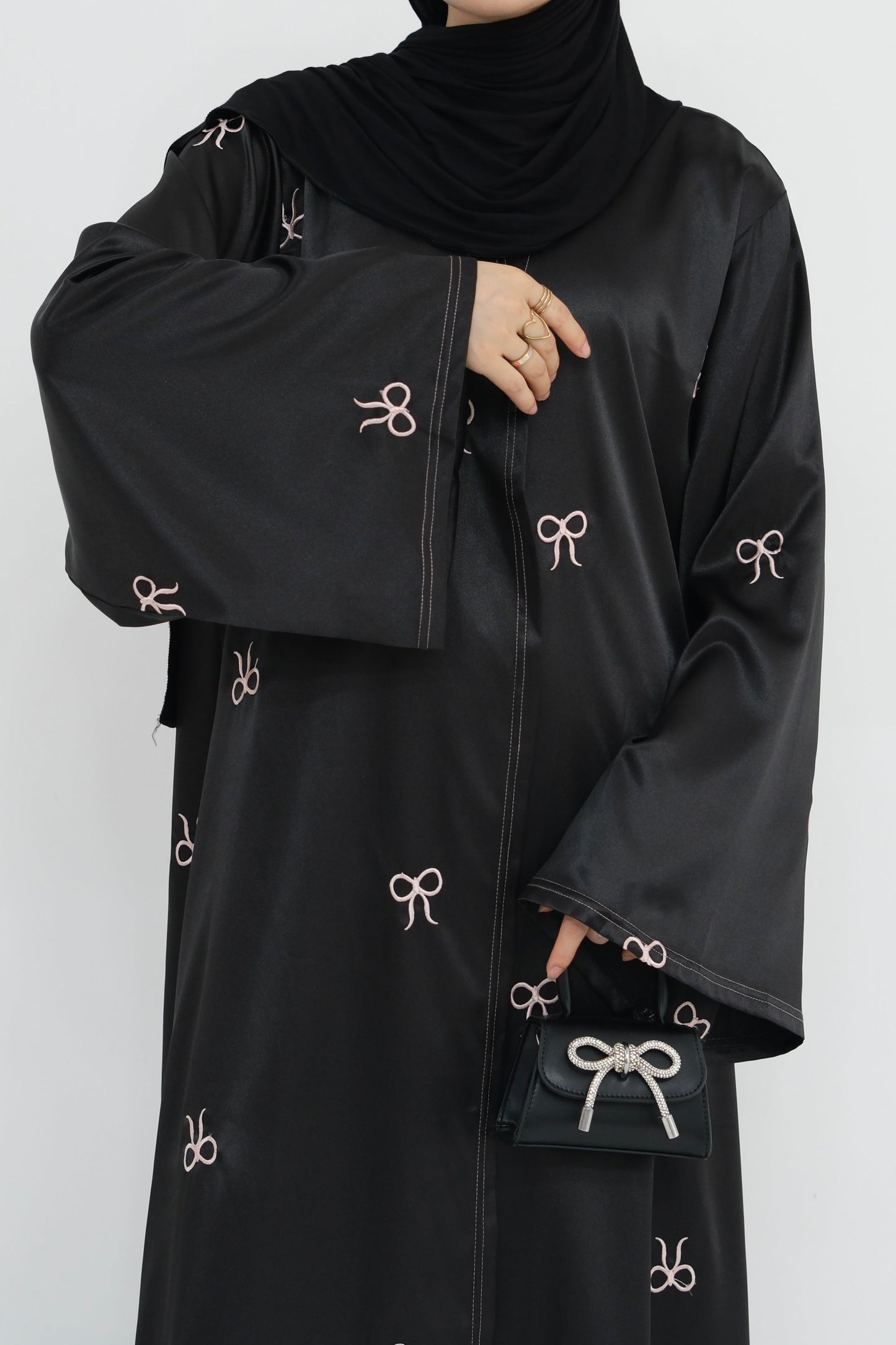 Aara Elegant Bowknot Embroidery Satin Open Abaya 798 - Black
