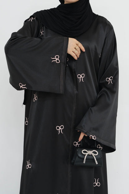 Aara Elegant Bowknot Embroidery Satin Open Abaya 798 - Black