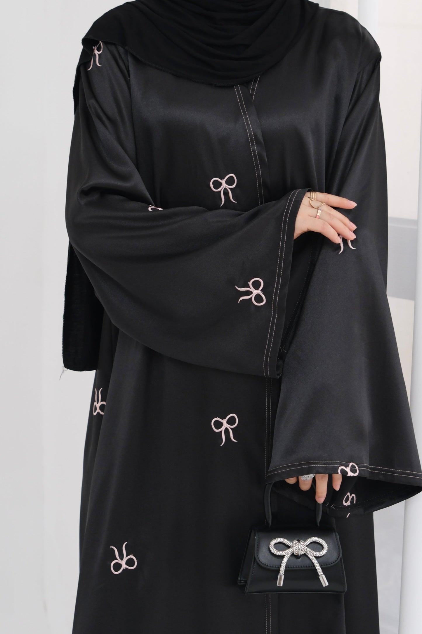 Aara Elegant Bowknot Embroidery Satin Open Abaya 798 - Black
