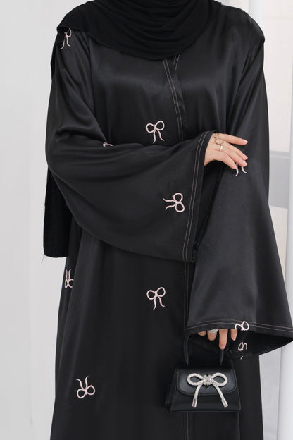Aara Elegant Bowknot Embroidery Satin Open Abaya 798 - Black