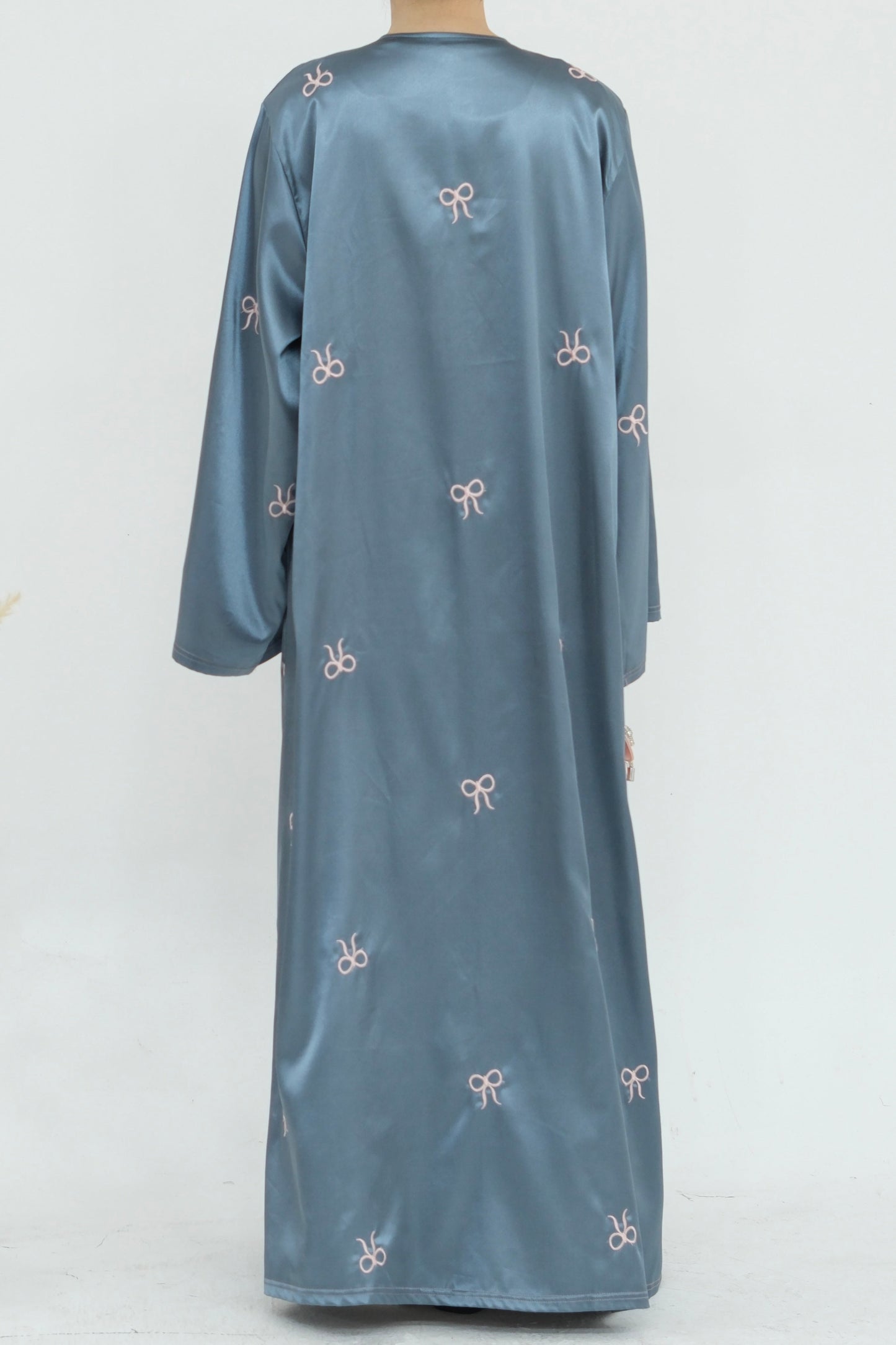 Aara Elegant Bowknot Embroidery Satin Open Abaya 798 - Gray