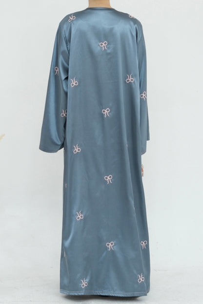 Aara Elegant Bowknot Embroidery Satin Open Abaya 798 - Gray