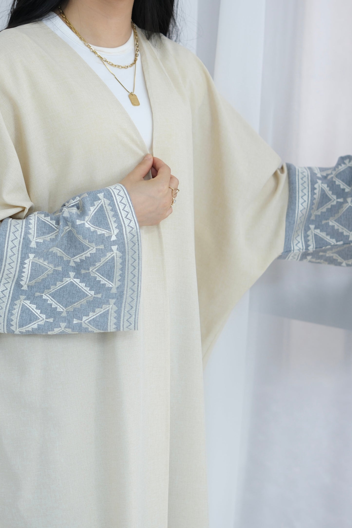 Leila Geometric Pattern Embroidered Open Abaya 772 - Beige