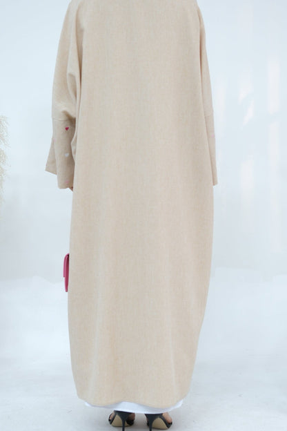 Hasna Heart Pattern Embroidery Linen Modest Open Abaya 712 - Khaki