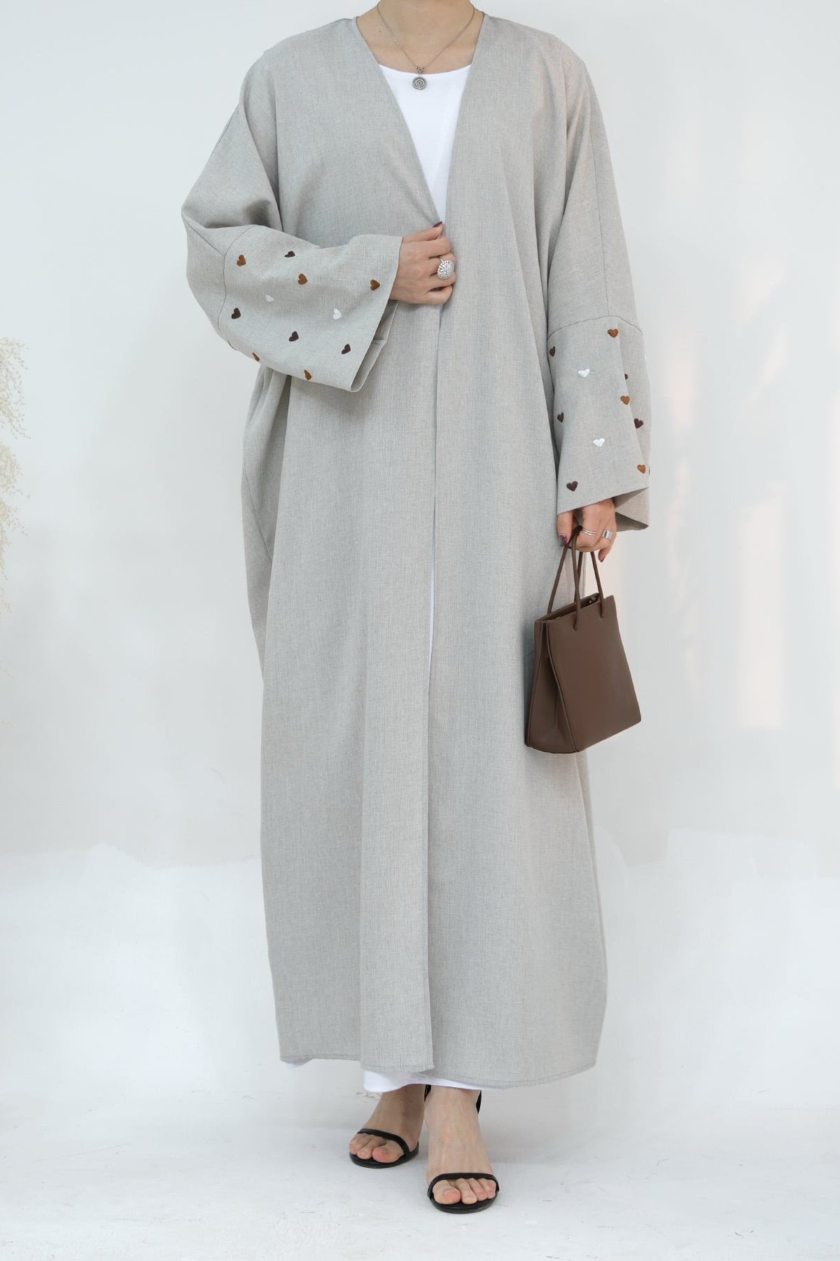 Hasna Heart Pattern Embroidery Linen Modest Open Abaya 712 - LightGray