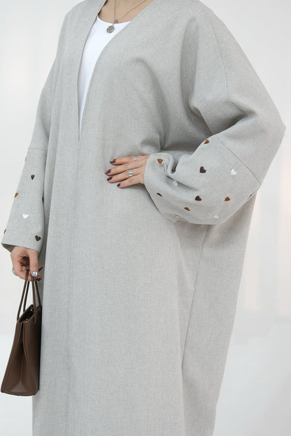 Hasna Heart Pattern Embroidery Linen Modest Open Abaya 712 - LightGray