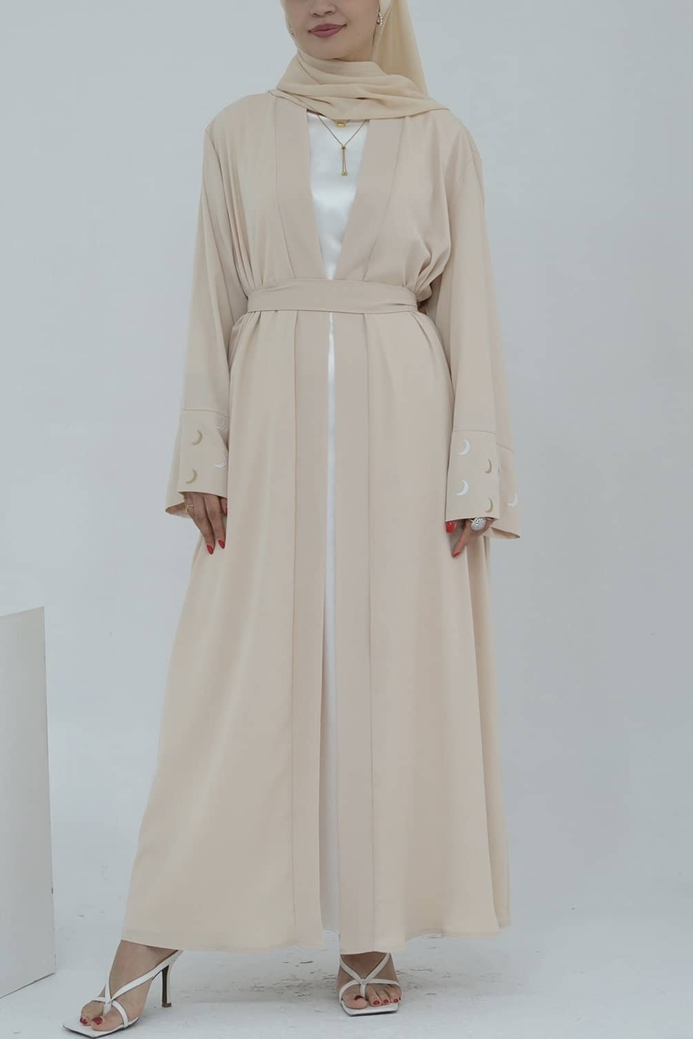 Najma Moon Embroidery modest open abaya with belt 785 - Beige