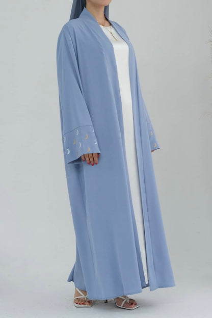 Najma Moon Embroidery modest open abaya with belt 785 - Light Blue
