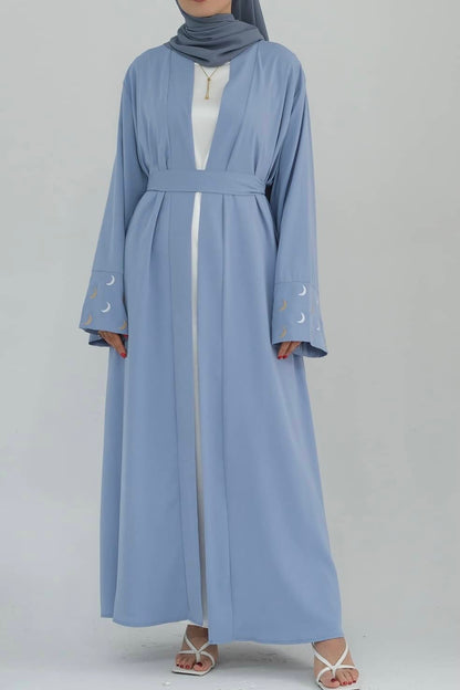 Najma Moon Embroidery modest open abaya with belt 785 - Light Blue