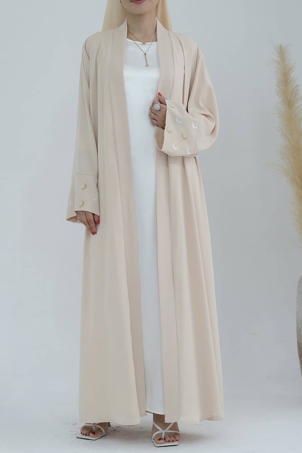 Najma Moon Embroidery modest open abaya with belt 785 - Beige