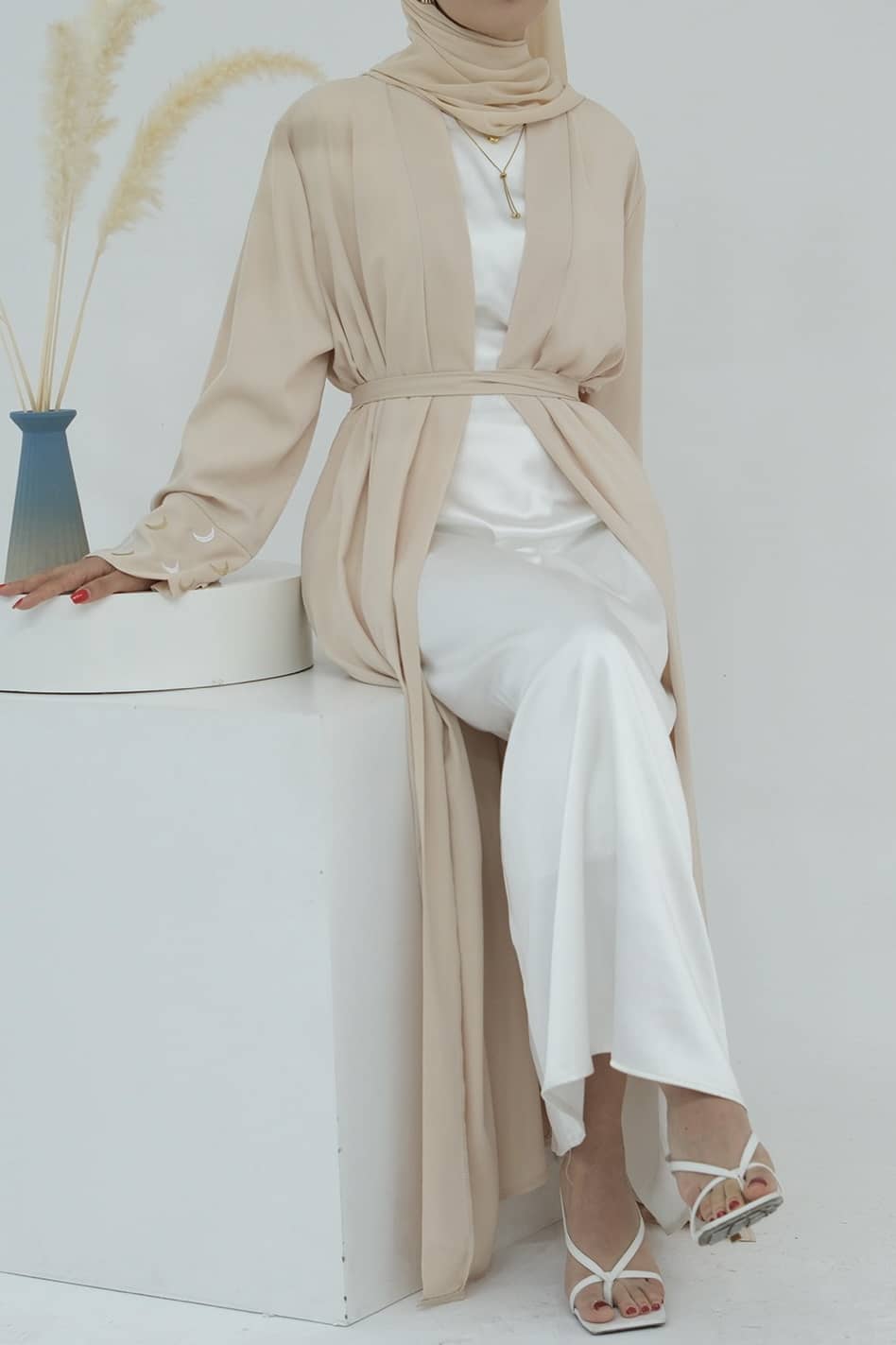 Najma Moon Embroidery modest open abaya with belt 785 - Beige