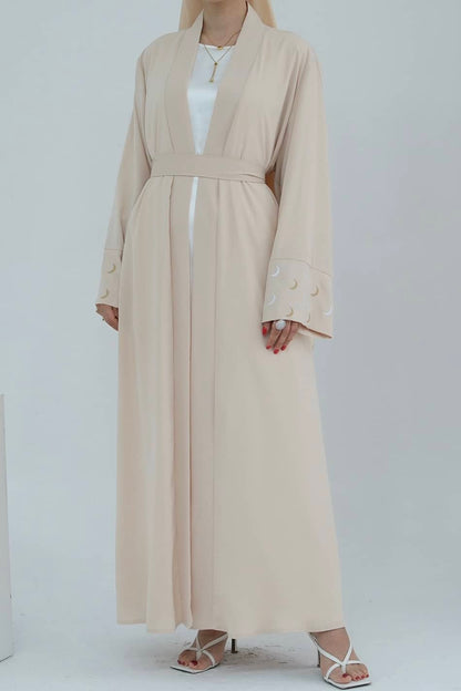 Najma Moon Embroidery modest open abaya with belt 785 - Beige