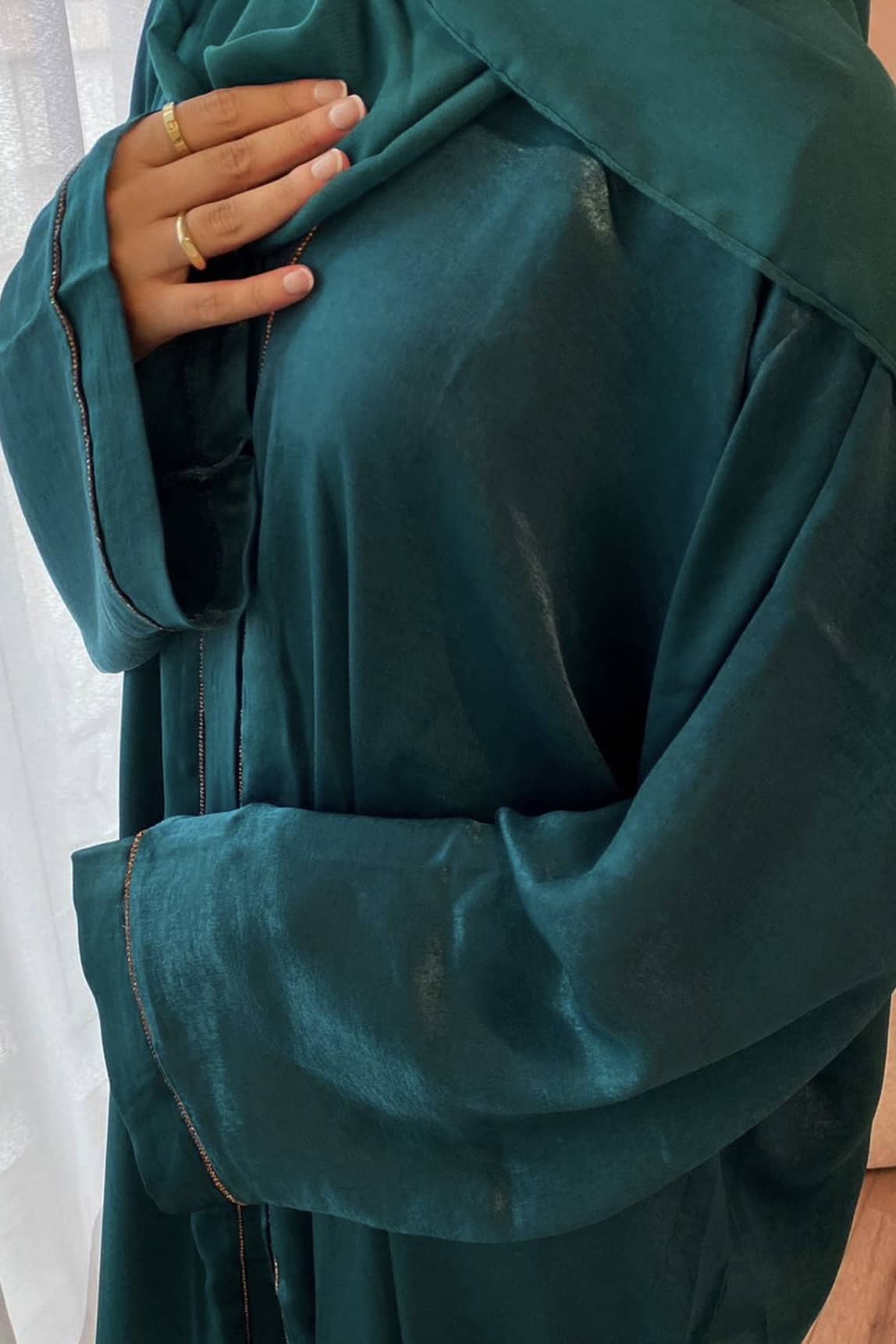 Rania Polyester Fiber Trimmed Open Abaya with Belt 707 - Dark Green