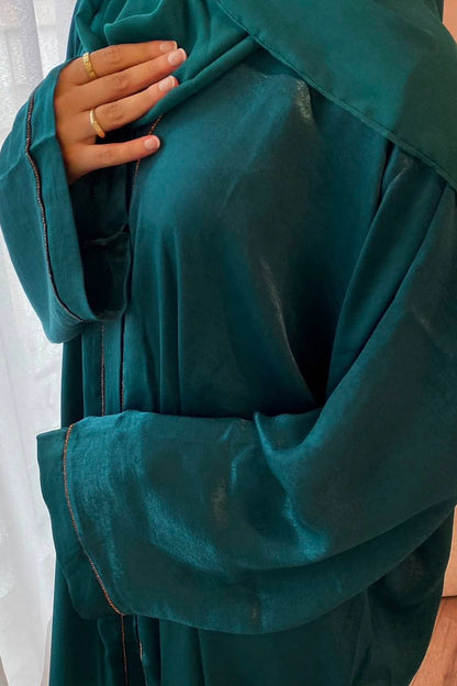 Rania Polyester Fiber Trimmed Open Abaya with Belt 707 - Dark Green