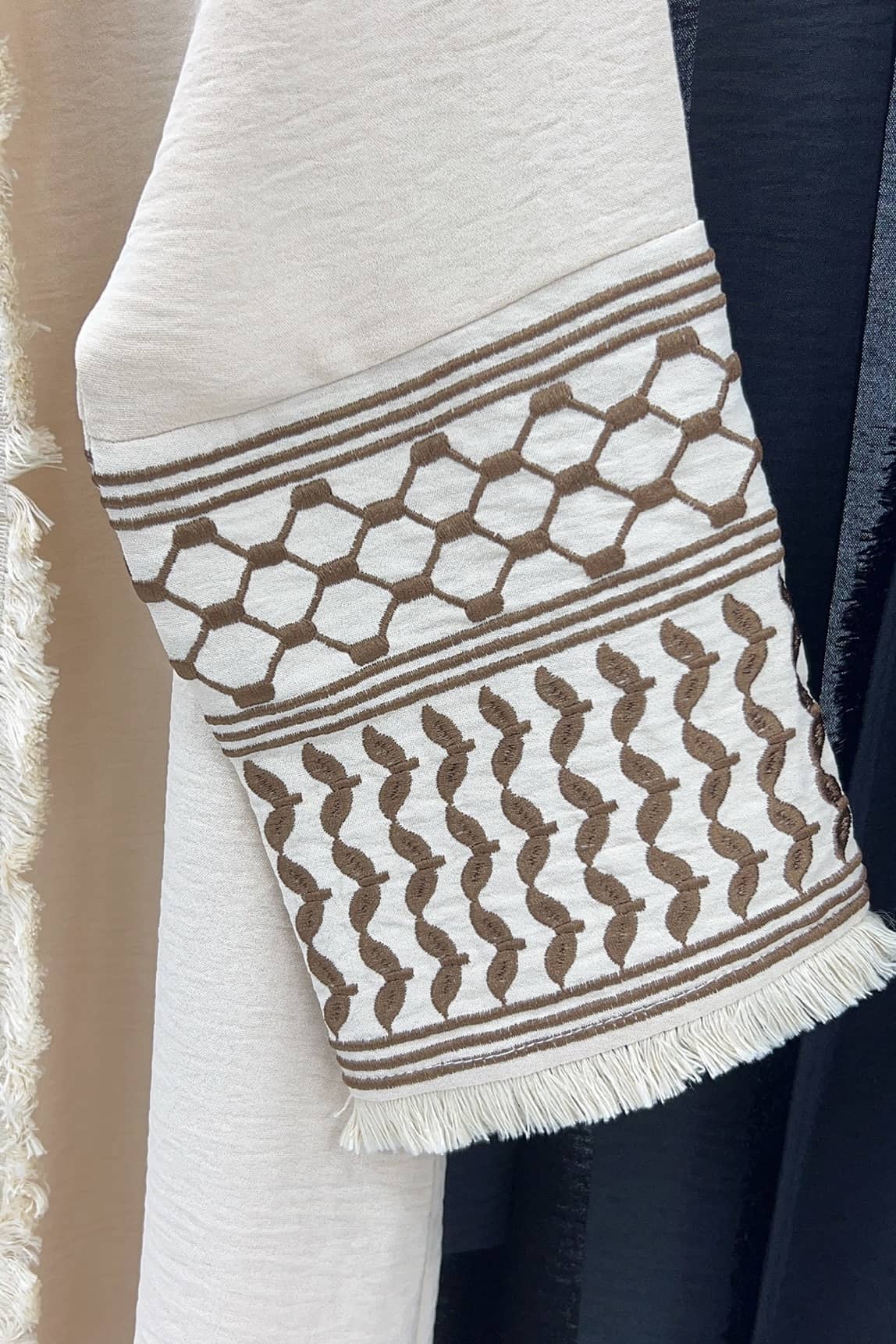 Karina Keffiyeh Inspired Fringed Peace Dove Pattern Embroidery Modest Open Abaya with belt 763 - Beige