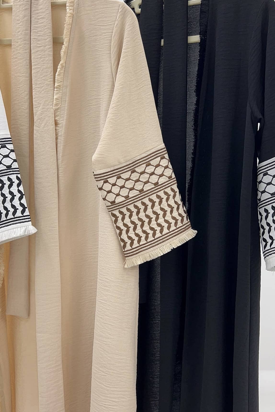 Karina Keffiyeh Inspired Fringed Peace Dove Pattern Embroidery Modest Open Abaya with belt 763 - Beige