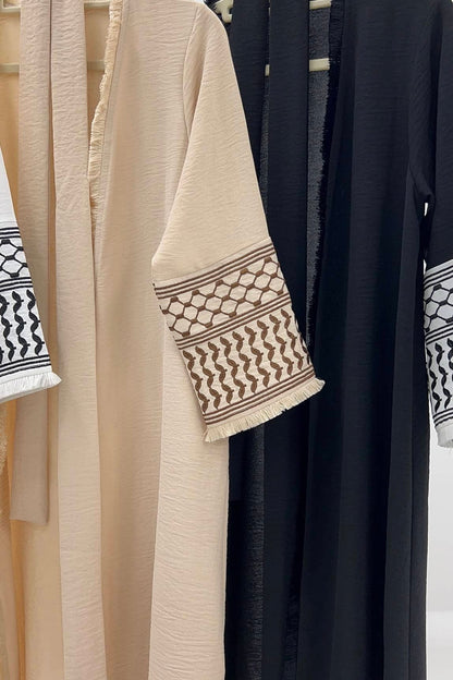 Karina Keffiyeh Inspired Fringed Peace Dove Pattern Embroidery Modest Open Abaya with belt 763 - Beige