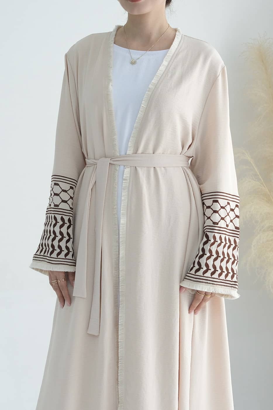 Karina Keffiyeh Inspired Fringed Peace Dove Pattern Embroidery Modest Open Abaya with belt 763 - Beige