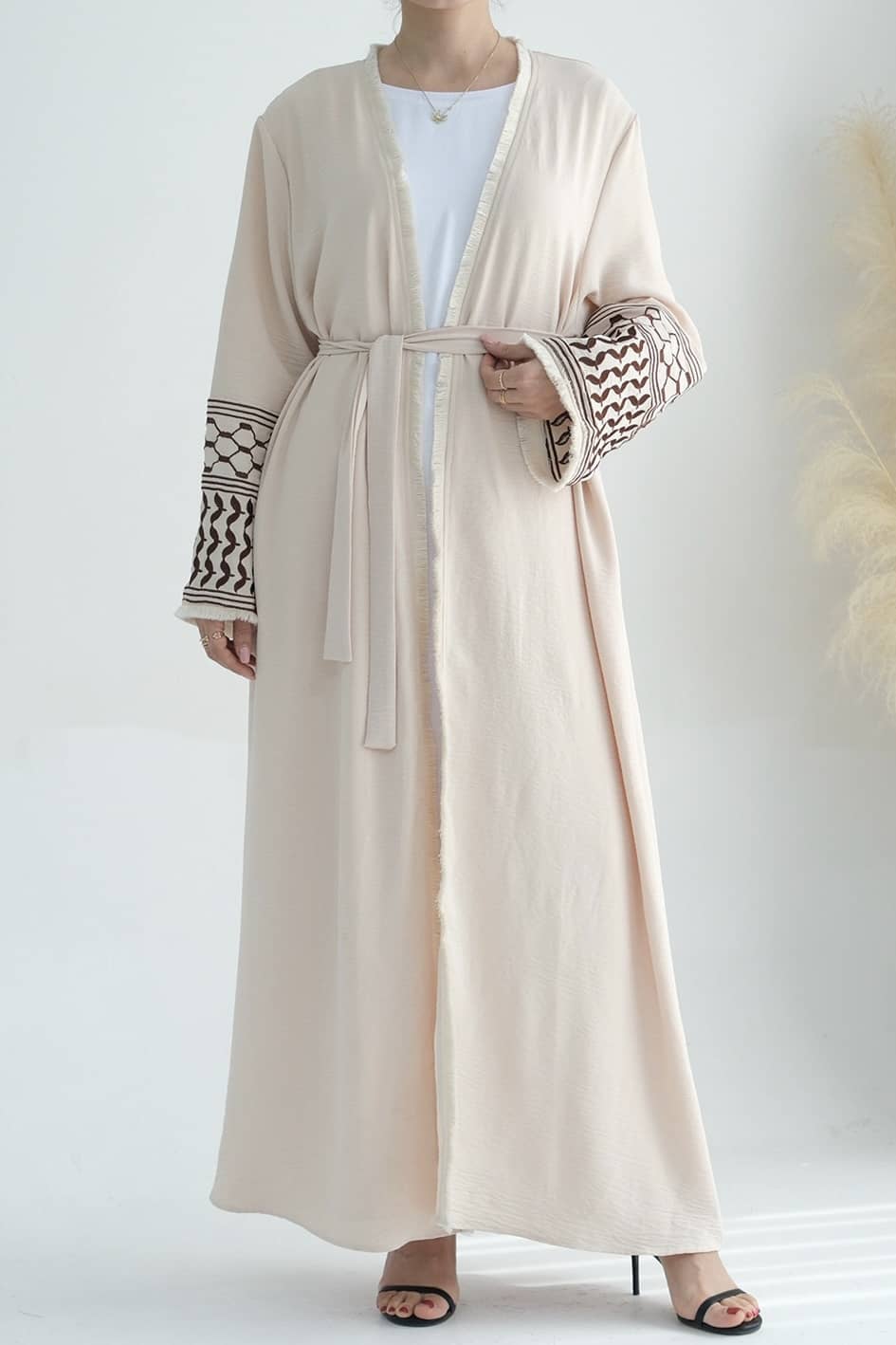 Karina Keffiyeh Inspired Fringed Peace Dove Pattern Embroidery Modest Open Abaya with belt 763 - Beige