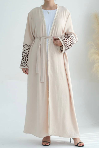 Karina Keffiyeh Inspired Fringed Peace Dove Pattern Embroidery Modest Open Abaya with belt 763 - Beige