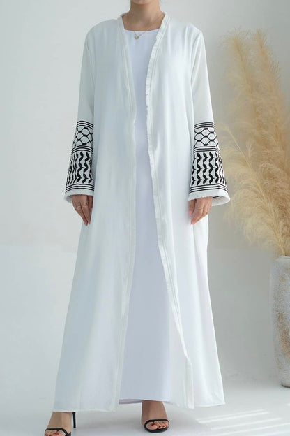 Karina Keffiyeh Inspired Fringed Peace Dove Pattern Embroidery Modest Open Abaya with belt 763 - White