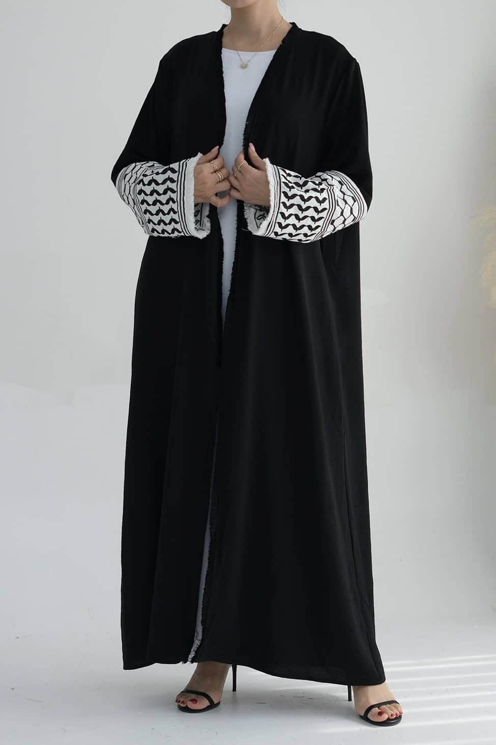 Karina Keffiyeh Inspired Fringed Peace Dove Pattern Embroidery Modest Open Abaya with belt 763 - Black