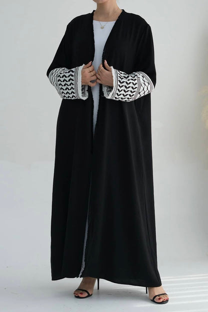 Karina Keffiyeh Inspired Fringed Peace Dove Pattern Embroidery Modest Open Abaya with belt 763 - Black