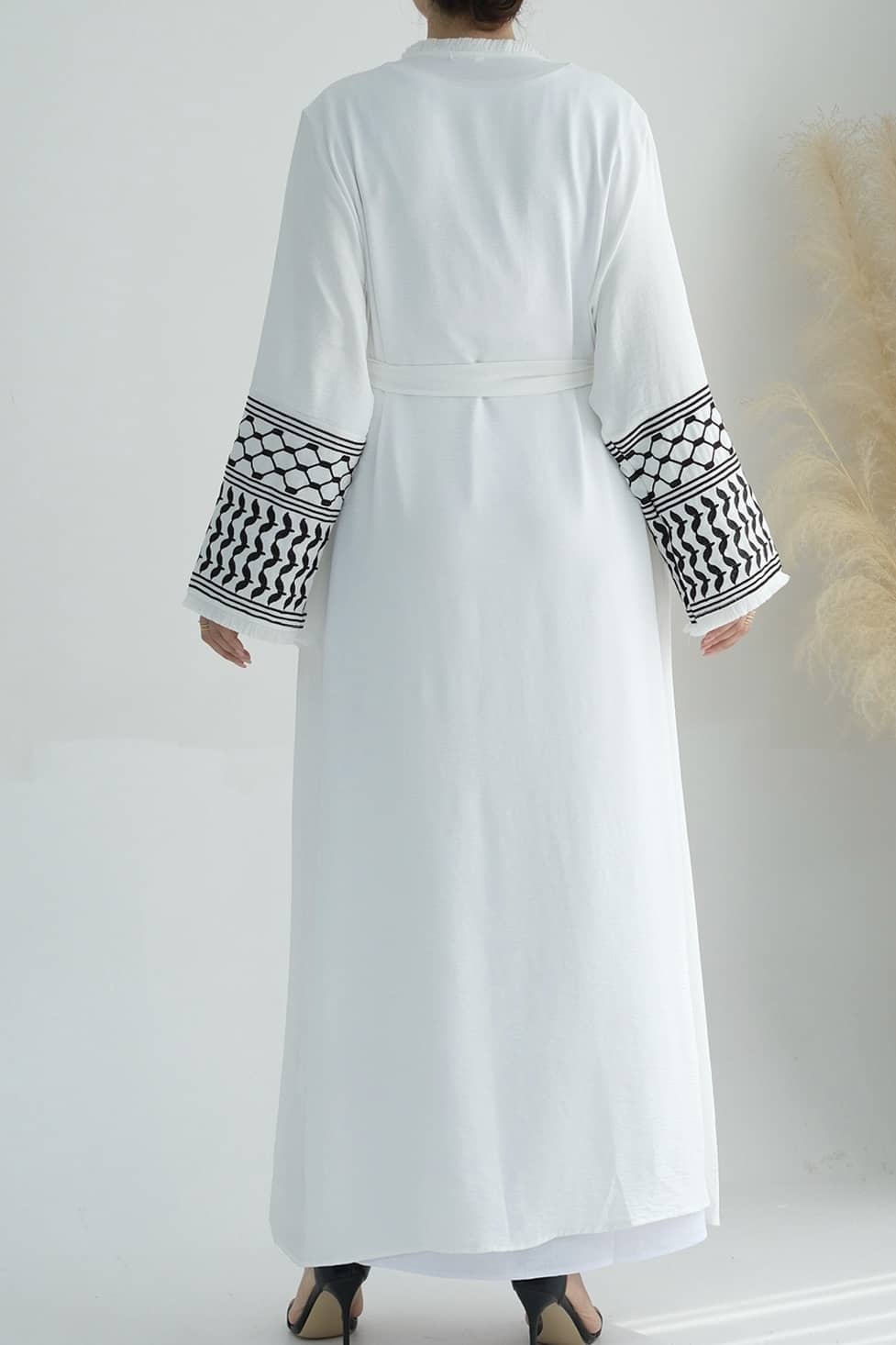 Karina Keffiyeh Inspired Fringed Peace Dove Pattern Embroidery Modest Open Abaya with belt 763 - White