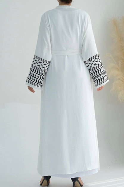 Karina Keffiyeh Inspired Fringed Peace Dove Pattern Embroidery Modest Open Abaya with belt 763 - White