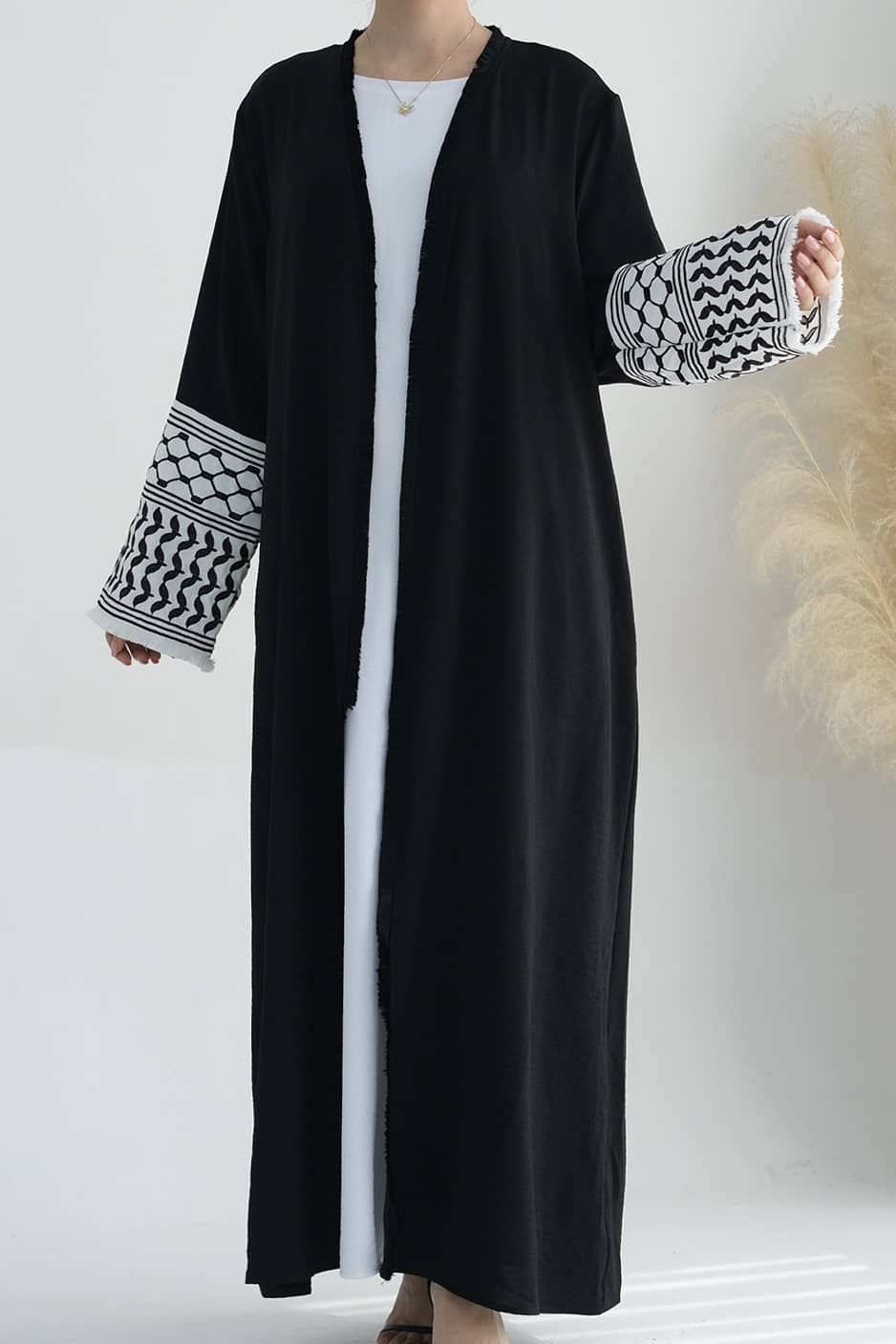 Karina Keffiyeh Inspired Fringed Peace Dove Pattern Embroidery Modest Open Abaya with belt 763 - Black