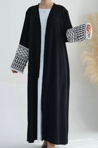 Karina Keffiyeh Inspired Fringed Peace Dove Pattern Embroidery Modest Open Abaya with belt 763 - Black