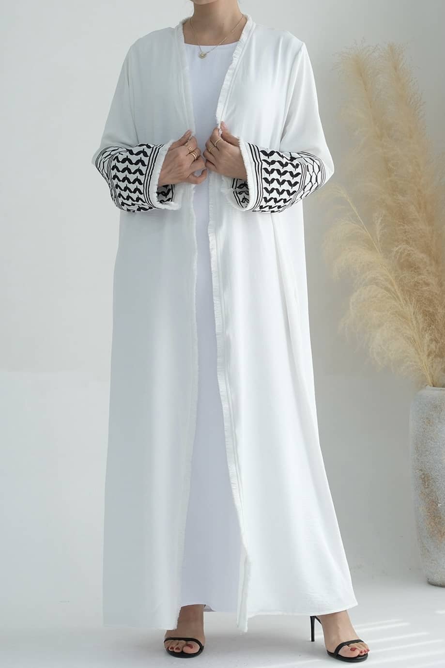 Karina Keffiyeh Inspired Fringed Peace Dove Pattern Embroidery Modest Open Abaya with belt 763 - White