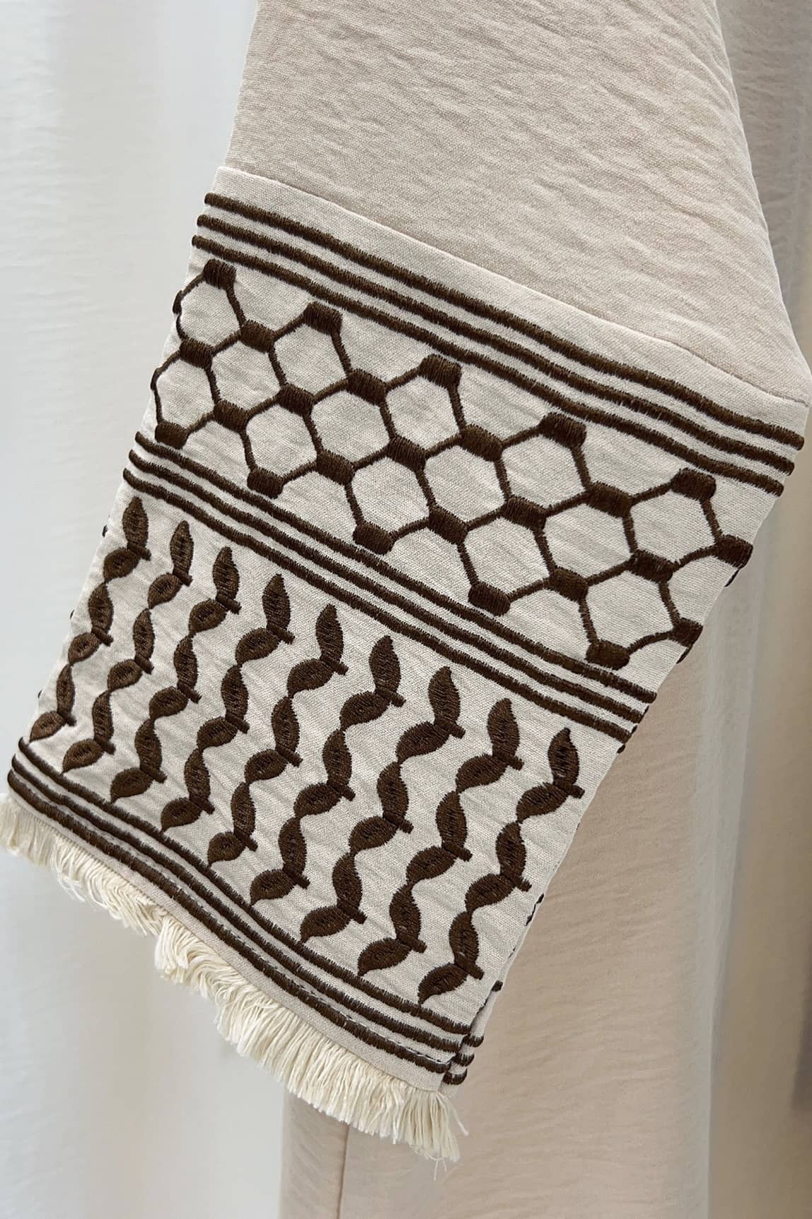 Karina Keffiyeh Inspired Fringed Peace Dove Pattern Embroidery Modest Open Abaya with belt 763 - Beige