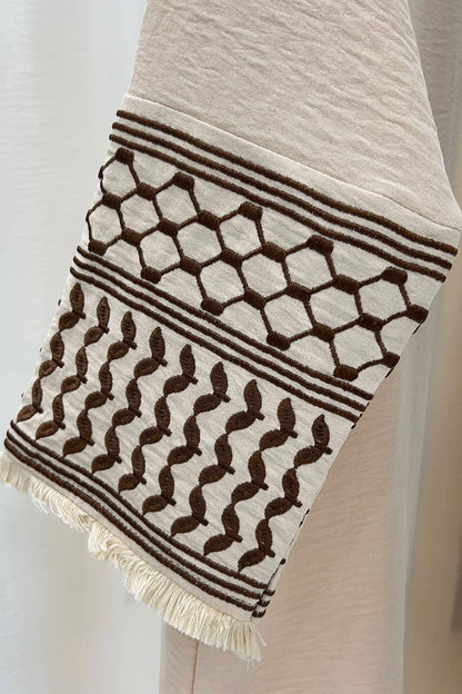 Karina Keffiyeh Inspired Fringed Peace Dove Pattern Embroidery Modest Open Abaya with belt 763 - Beige