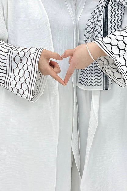 Danya Keffiyeh Inspired  Peace Dove Pattern Embroidery Modest Open Abaya 768 - Black