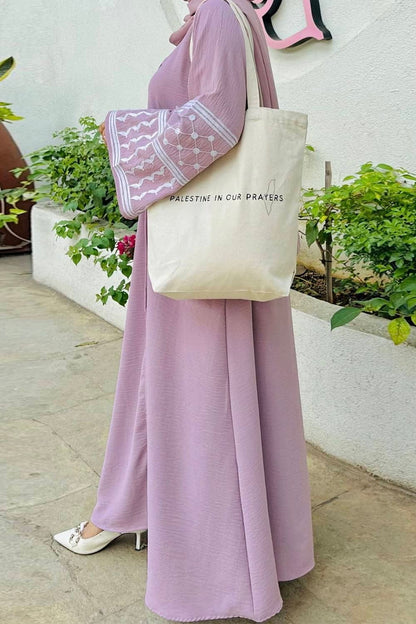 Insha Keffiyeh Inspired Peace Dove Pattern Embroidery Modest Open Abaya with belt 776-Pink